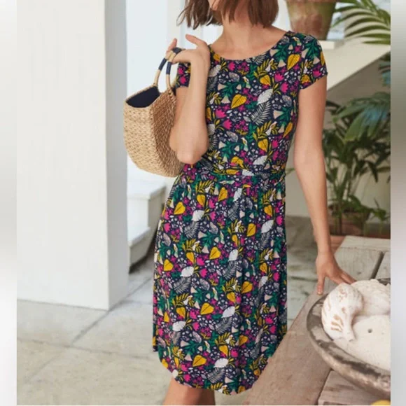 Boden US 8 Amelie Jersey Dress Floral Bird Print Navy Pink - Picture 1 of 10